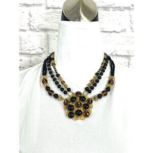 Vintage Miriam Haskell Amber and Onyx Three Strand Pendant Necklace